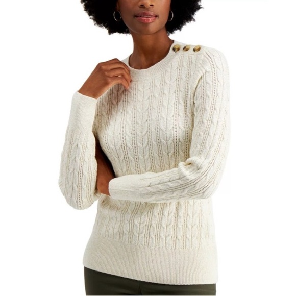 EUC Charter Club Small Sparkly Cream Cable Knit Sweater - Picture 2 of 13